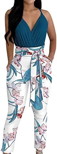 אתקיה מכנסיים חליפות לנשים נשים פרח מודפס צווארון אוסף מותניים תחרה עד עיצוב חיישן קלע שתי חתיכה שתי חתיכה