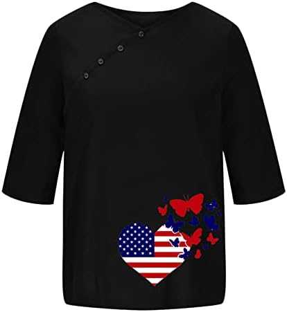 יום העצמאות כותנה פשתן נשות דגל אמריקאי הדפס 3/4 חולצה שרוול כפתור צוואר כפתור 4 ביולי טי פטריוטי