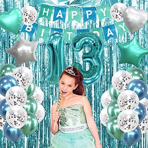 קישוטי יום הולדת 13 לילדות, טורקיז יום הולדת שמח באנר מנטה ירוק רדיד בלונים עוגת טופר עבור טיפאני כחול נוער יום השנה תינוק